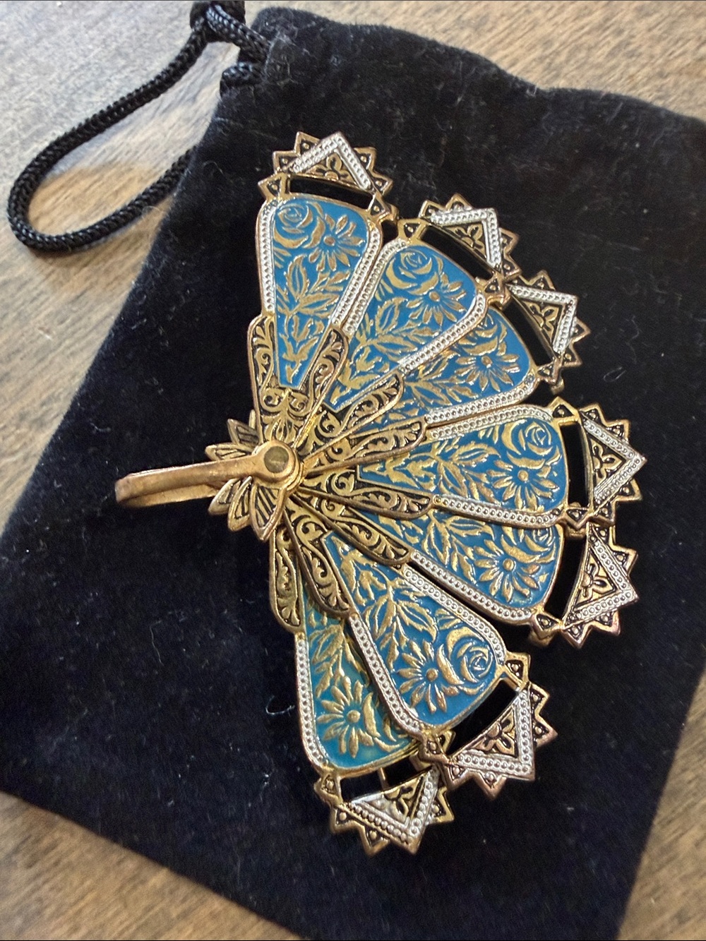 Antique Blue Filigree Fan Brooch Pin